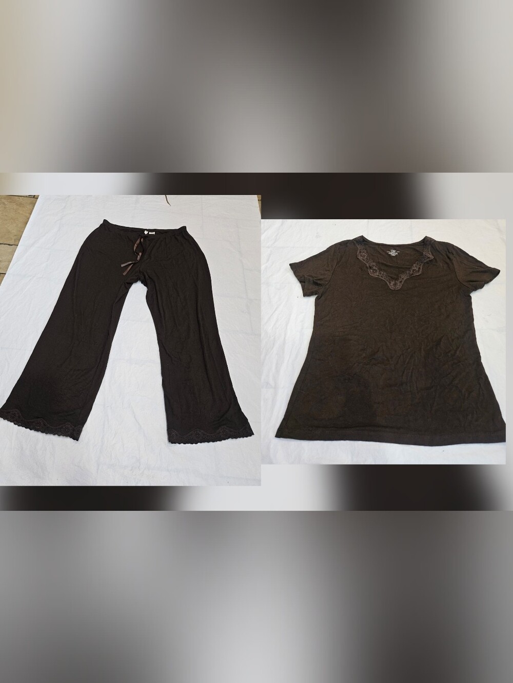 Adonna Black Short Sleeve Top & Lace-Trim Drawstring Pajama Pants. Sz. 8 - 10 M